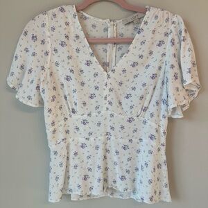 Ann Taylor LOFT Floral Peplum Blouse
Women’s Size 4 — White w/ Purple Flowers